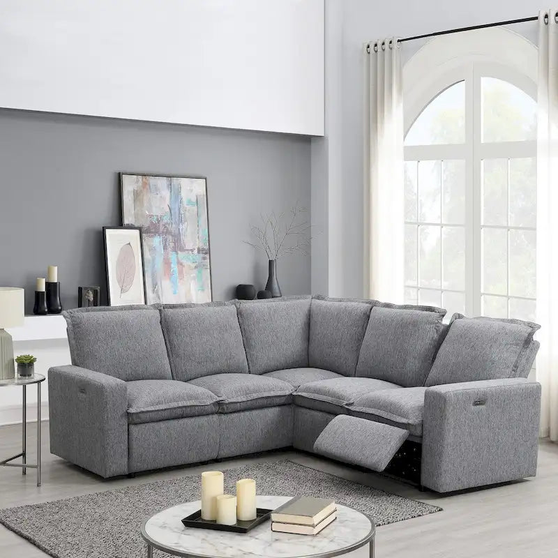 Canapé d'angle en lin avec 2 fauteuils inclinables électriques et port USB pour salon