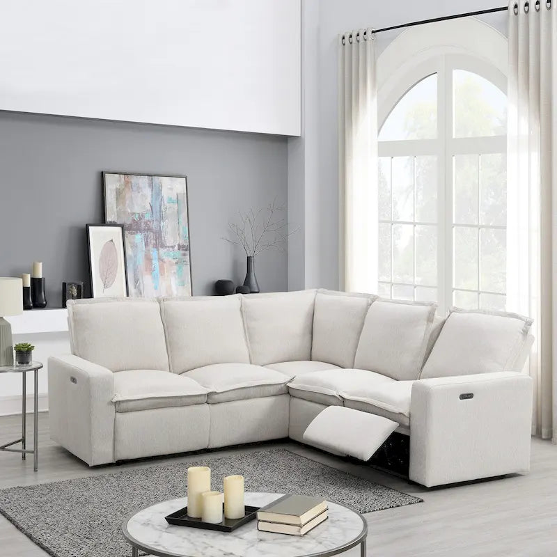 Canapé d'angle en lin avec 2 fauteuils inclinables électriques et port USB pour salon