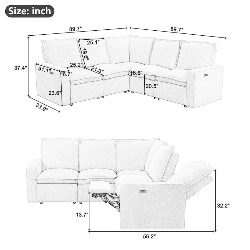 Canapé d'angle en lin avec 2 fauteuils inclinables électriques et port USB pour salon