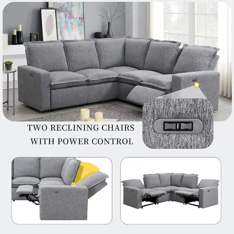 Canapé d'angle en lin avec 2 fauteuils inclinables électriques et port USB pour salon