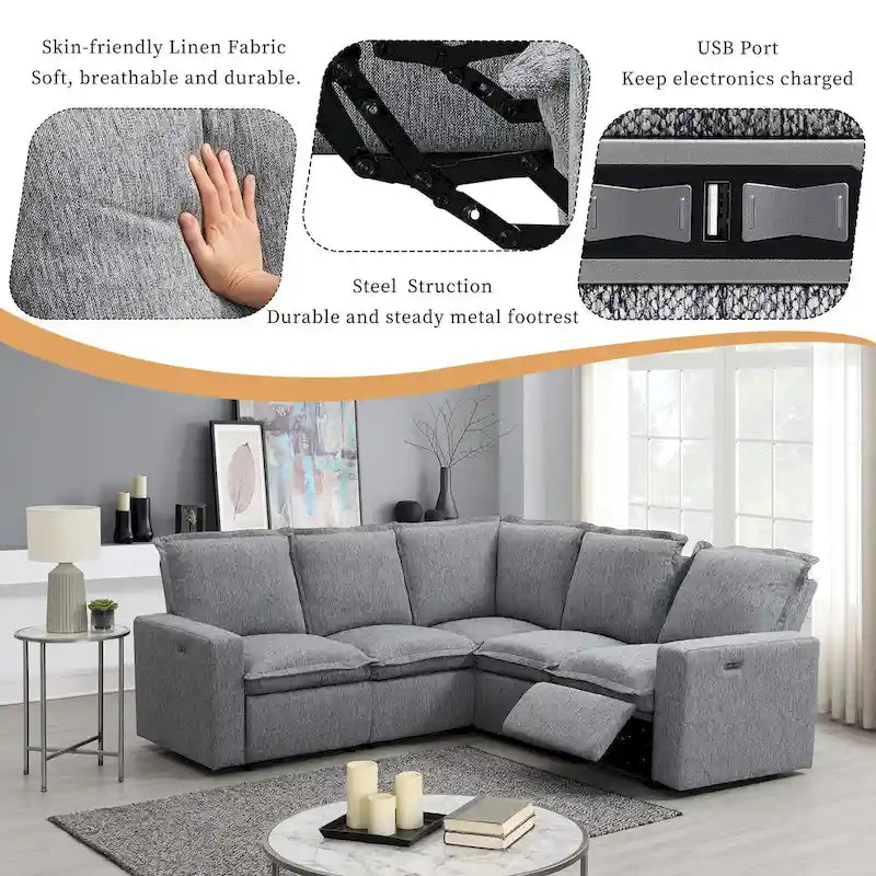 Canapé d'angle en lin avec 2 fauteuils inclinables électriques et port USB pour salon