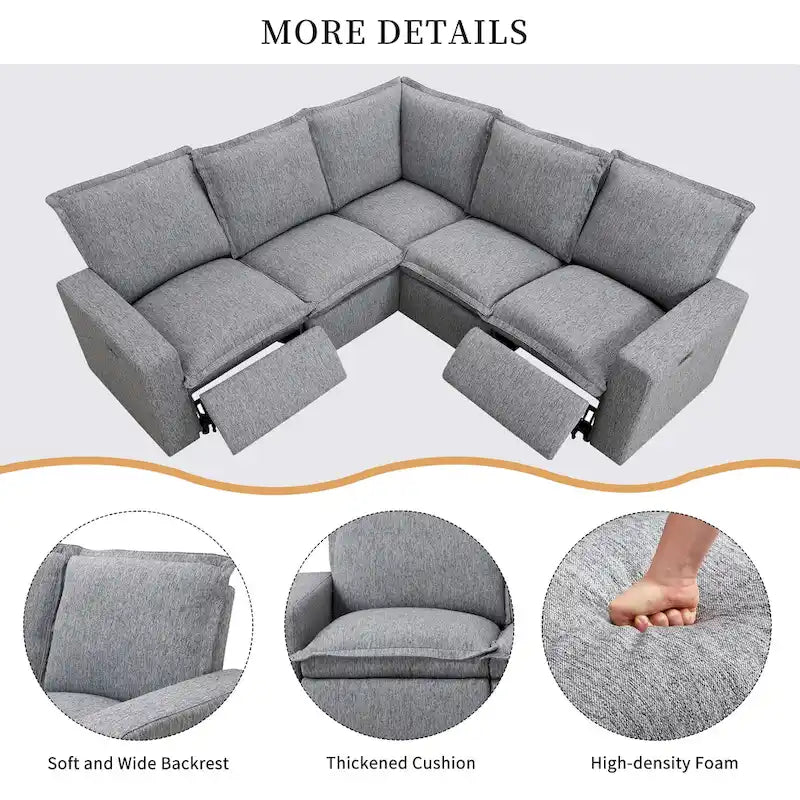 Canapé d'angle en lin avec 2 fauteuils inclinables électriques et port USB pour salon