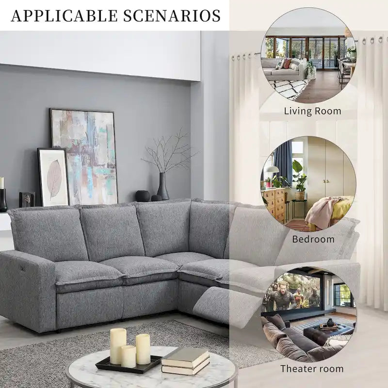 Canapé d'angle en lin avec 2 fauteuils inclinables électriques et port USB pour salon