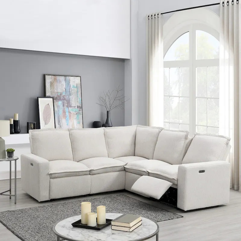 Canapé d'angle en lin avec 2 fauteuils inclinables électriques et port USB pour salon