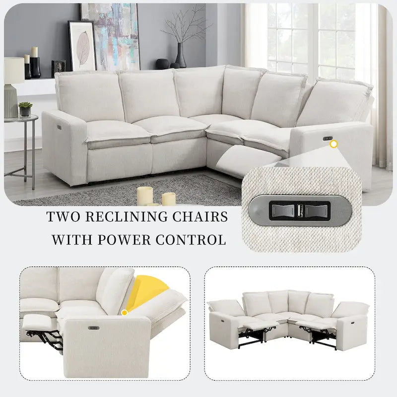 Canapé d'angle en lin avec 2 fauteuils inclinables électriques et port USB pour salon