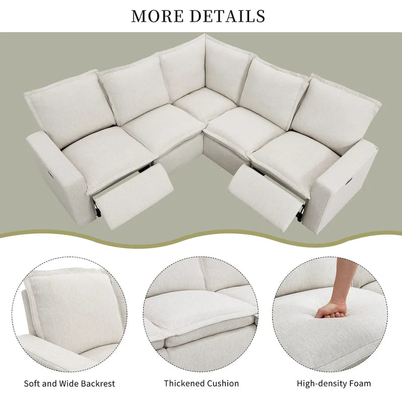 Canapé d'angle en lin avec 2 fauteuils inclinables électriques et port USB pour salon