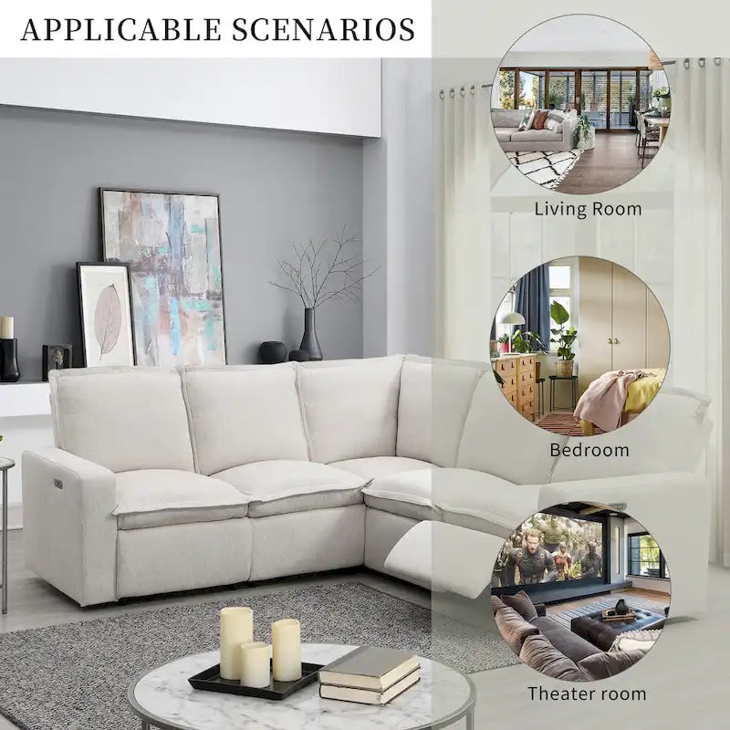 Canapé d'angle en lin avec 2 fauteuils inclinables électriques et port USB pour salon