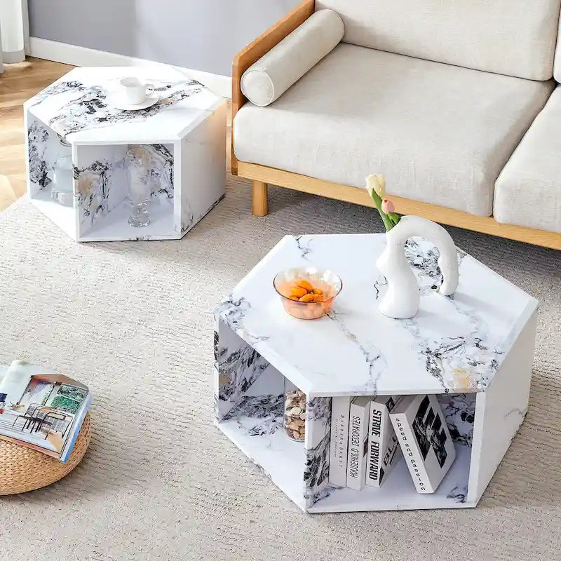 Tables basses hexagonales avec motifs minimalistes