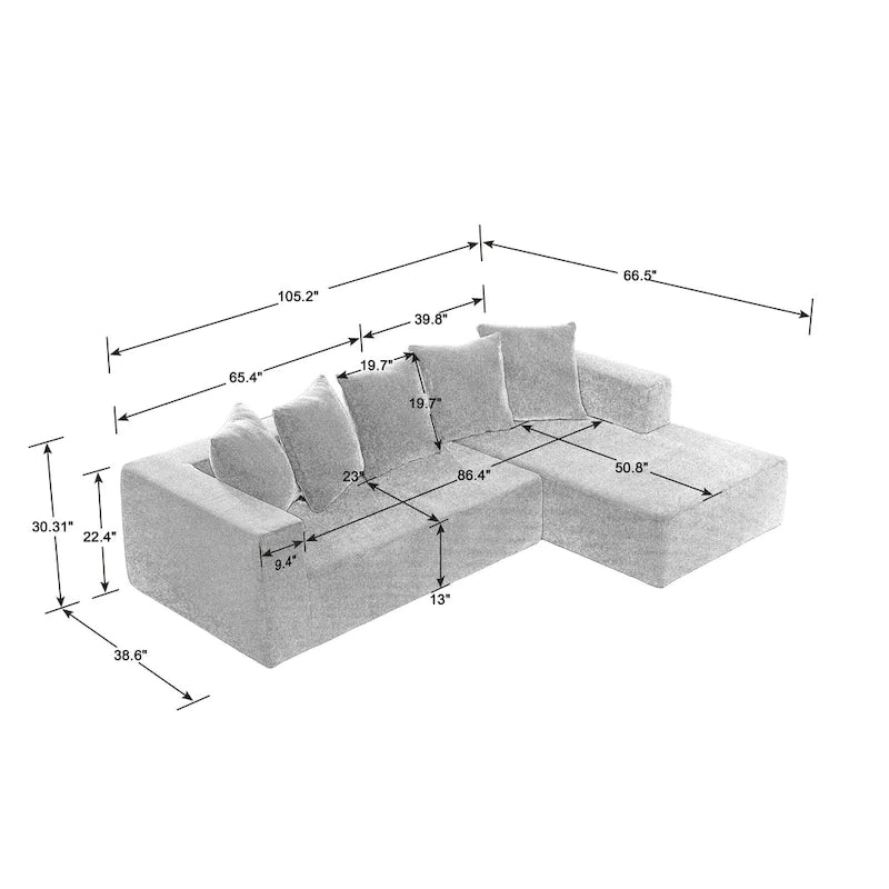 Canapé d'angle modulable 2 places en chenille nuage bleu 105.2, combinaison libre