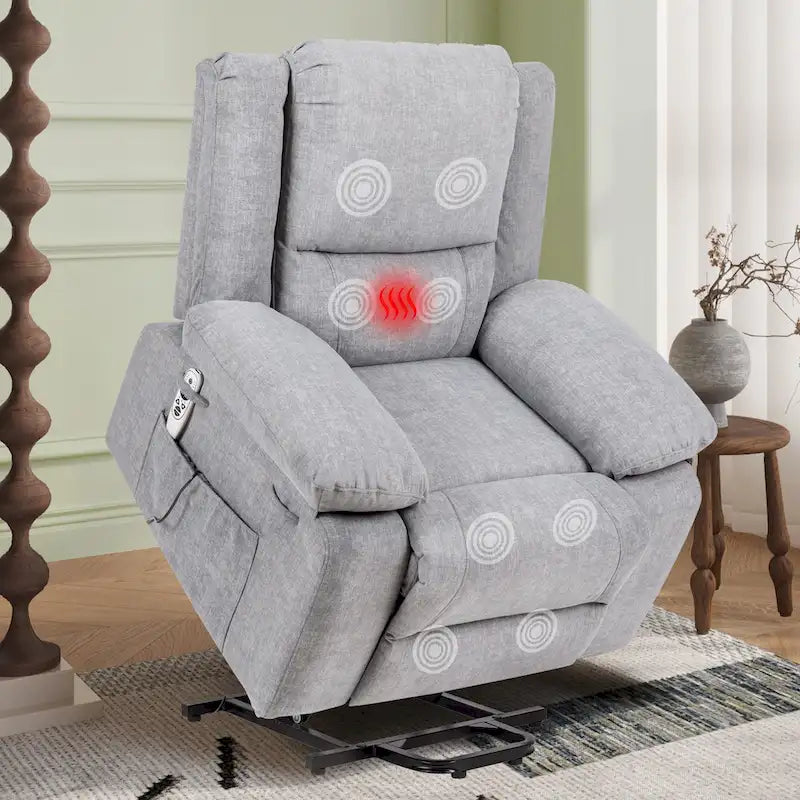 Fauteuil inclinable releveur en velours gris clair avec 8 points de massage, chaleur lombaire et chargement USB