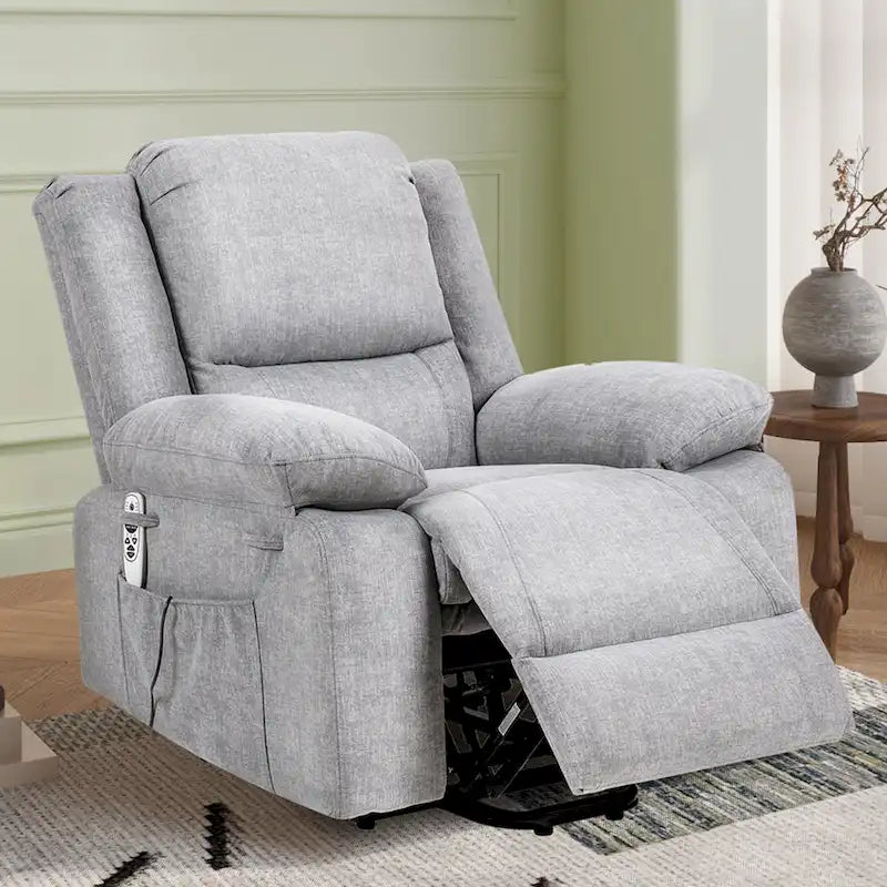 Fauteuil inclinable releveur en velours gris clair avec 8 points de massage, chaleur lombaire et chargement USB