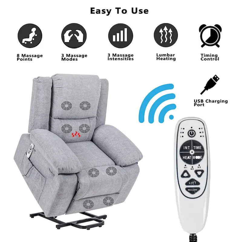 Fauteuil inclinable releveur en velours gris clair avec 8 points de massage, chaleur lombaire et chargement USB