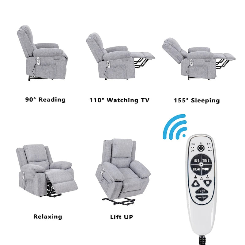 Fauteuil inclinable releveur en velours gris clair avec 8 points de massage, chaleur lombaire et chargement USB