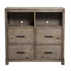 Meuble TV en bois massif avec étagères ouvertes, 4 tiroirs et gestion des câbles – Acajou marron (105,4 cm L x 101,6 cm H)