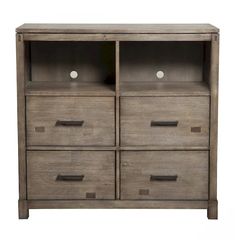 Meuble TV en bois massif avec étagères ouvertes, 4 tiroirs et gestion des câbles – Acajou marron (105,4 cm L x 101,6 cm H)