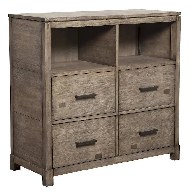 Meuble TV en bois massif avec étagères ouvertes, 4 tiroirs et gestion des câbles – Acajou marron (105,4 cm L x 101,6 cm H)