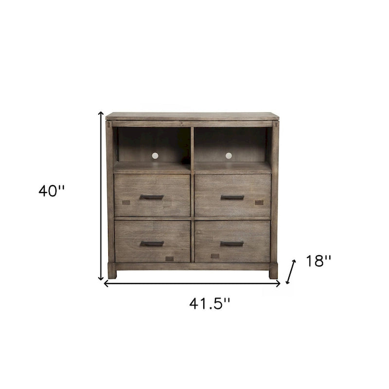 Meuble TV en bois massif avec étagères ouvertes, 4 tiroirs et gestion des câbles – Acajou marron (105,4 cm L x 101,6 cm H)