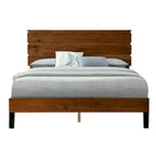 Lit plateforme double en bois massif de style Mid-Century Modern avec tête de lit en trois parties, aucun sommier tapissier requis, marron