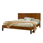 Lit plateforme double en bois massif de style Mid-Century Modern avec tête de lit en trois parties, aucun sommier tapissier requis, marron