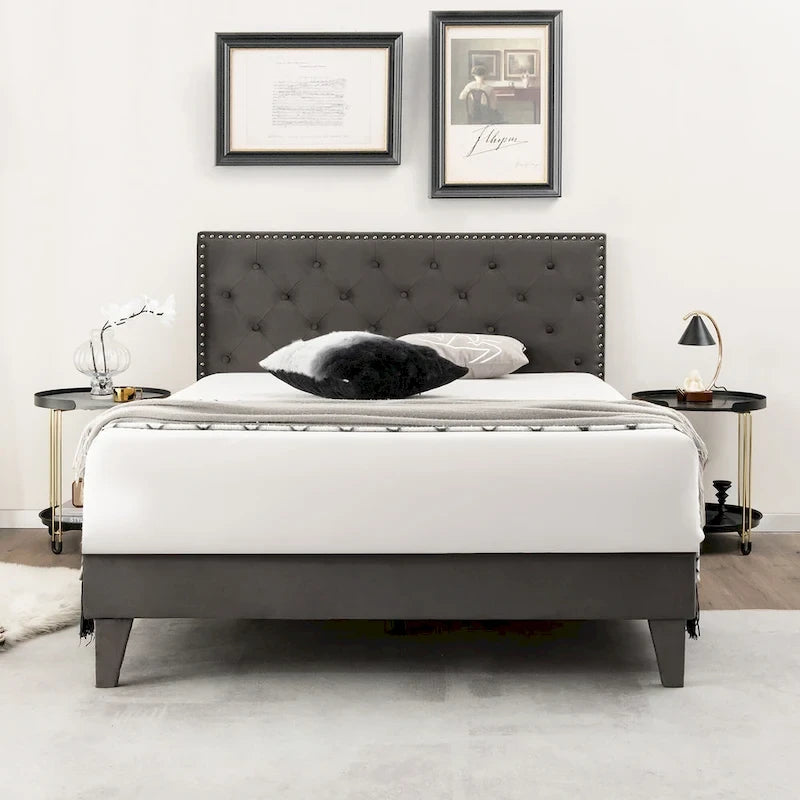 Lit plateforme rembourré avec tête de lit capitonnée en velours – Capacité de 450 kg, sans sommier (Queen/Full)
