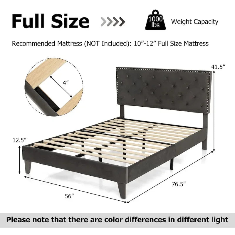 Lit plateforme rembourré avec tête de lit capitonnée en velours – Capacité de 450 kg, sans sommier (Queen/Full)