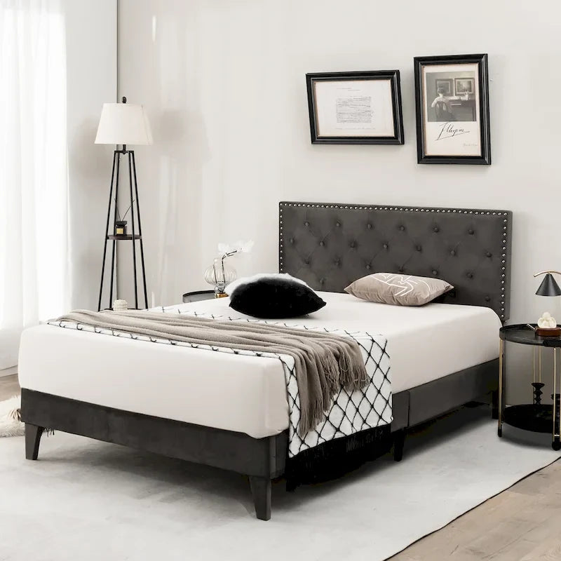 Lit plateforme rembourré avec tête de lit capitonnée en velours – Capacité de 450 kg, sans sommier (Queen/Full)
