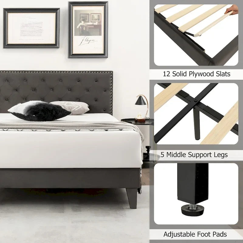 Lit plateforme rembourré avec tête de lit capitonnée en velours – Capacité de 450 kg, sans sommier (Queen/Full)