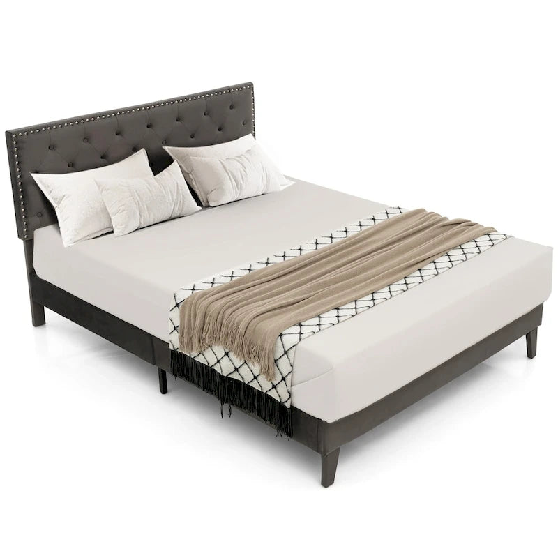 Lit plateforme rembourré avec tête de lit capitonnée en velours – Capacité de 450 kg, sans sommier (Queen/Full)
