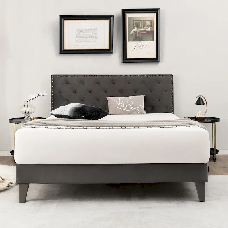 Lit plateforme rembourré avec tête de lit capitonnée en velours – Capacité de 450 kg, sans sommier (Queen/Full)
