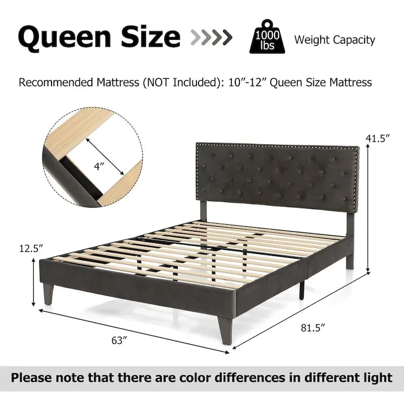 Lit plateforme rembourré avec tête de lit capitonnée en velours – Capacité de 450 kg, sans sommier (Queen/Full)