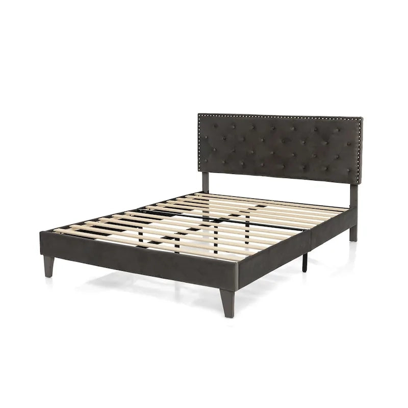 Lit plateforme rembourré avec tête de lit capitonnée en velours – Capacité de 450 kg, sans sommier (Queen/Full)