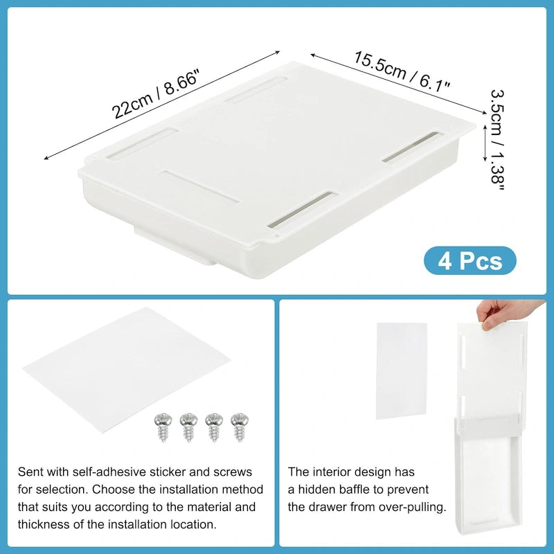 Self-Adhesive Under Desk Drawer Organizer – ABS, Set of 4 (8.66" x 6.1" x 1.38")