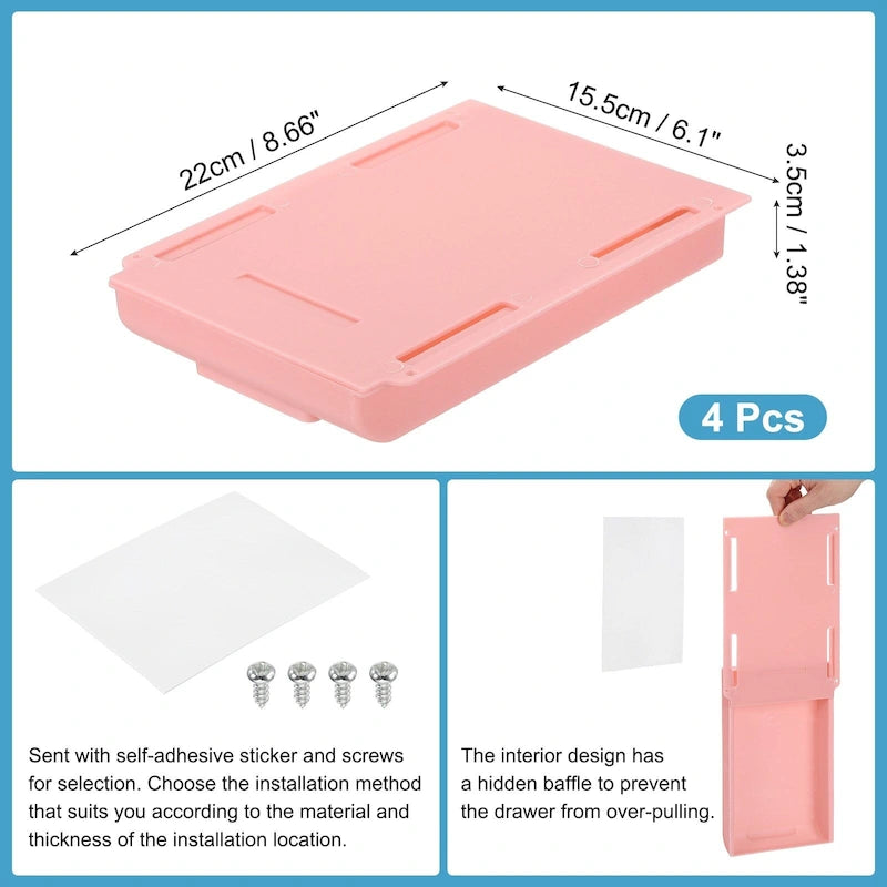 Self-Adhesive Under Desk Drawer Organizer – ABS, Set of 4 (8.66" x 6.1" x 1.38")