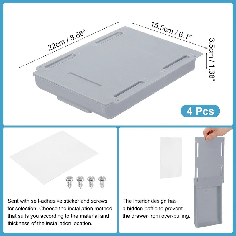Self-Adhesive Under Desk Drawer Organizer – ABS, Set of 4 (8.66" x 6.1" x 1.38")