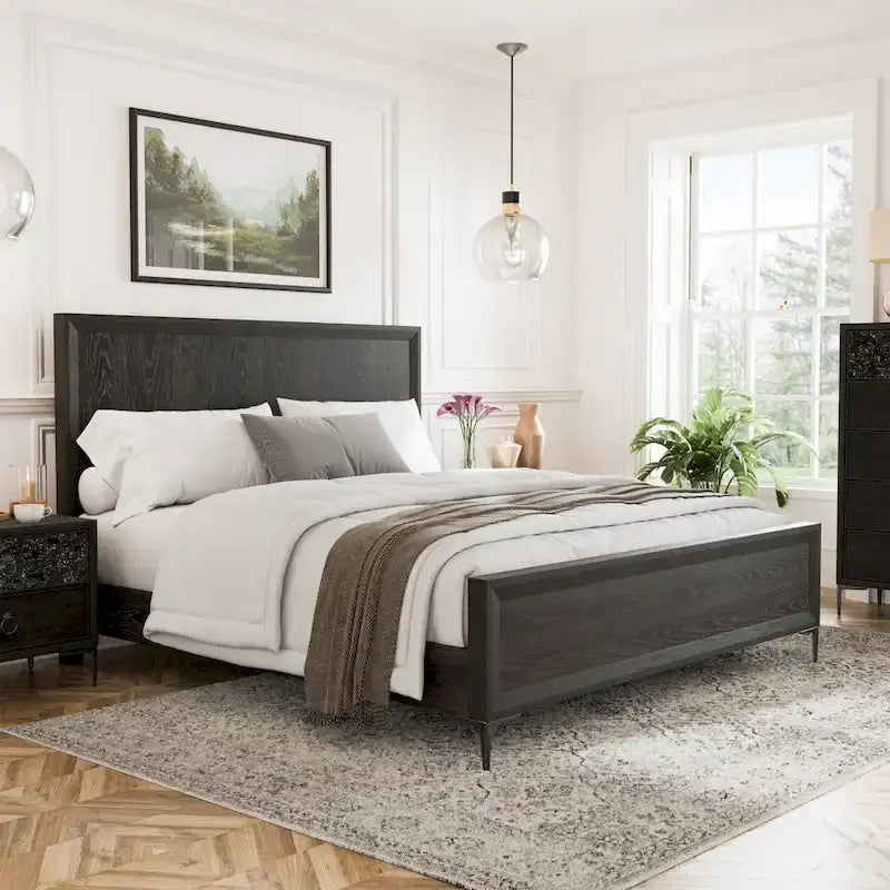 Lit plateforme moderne en bois massif avec pieds en métal – Expresso ou Chêne naturel (Queen/King, capacité de 450 kg)