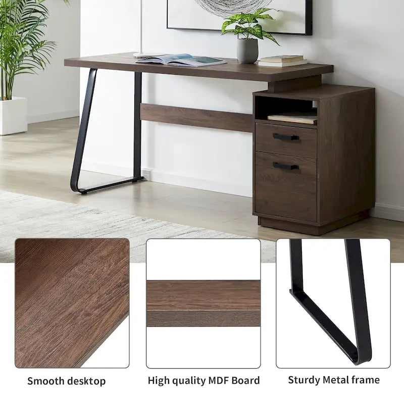 65" Home Office Computer Desk with File Drawers & Letter-Size Hanging File Cabinet – Brown