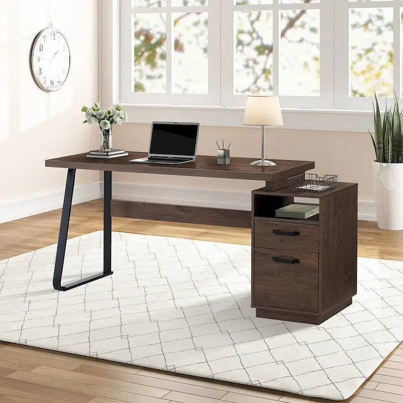 65" Home Office Computer Desk with File Drawers & Letter-Size Hanging File Cabinet – Brown