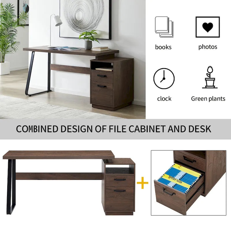 65" Home Office Computer Desk with File Drawers & Letter-Size Hanging File Cabinet – Brown