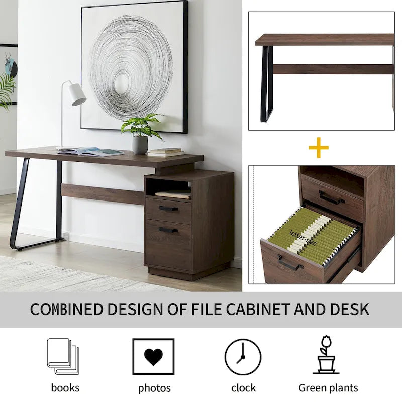 Bureau informatique de 65 pouces avec tiroirs de classement et classeur suspendu de format lettre – Marron