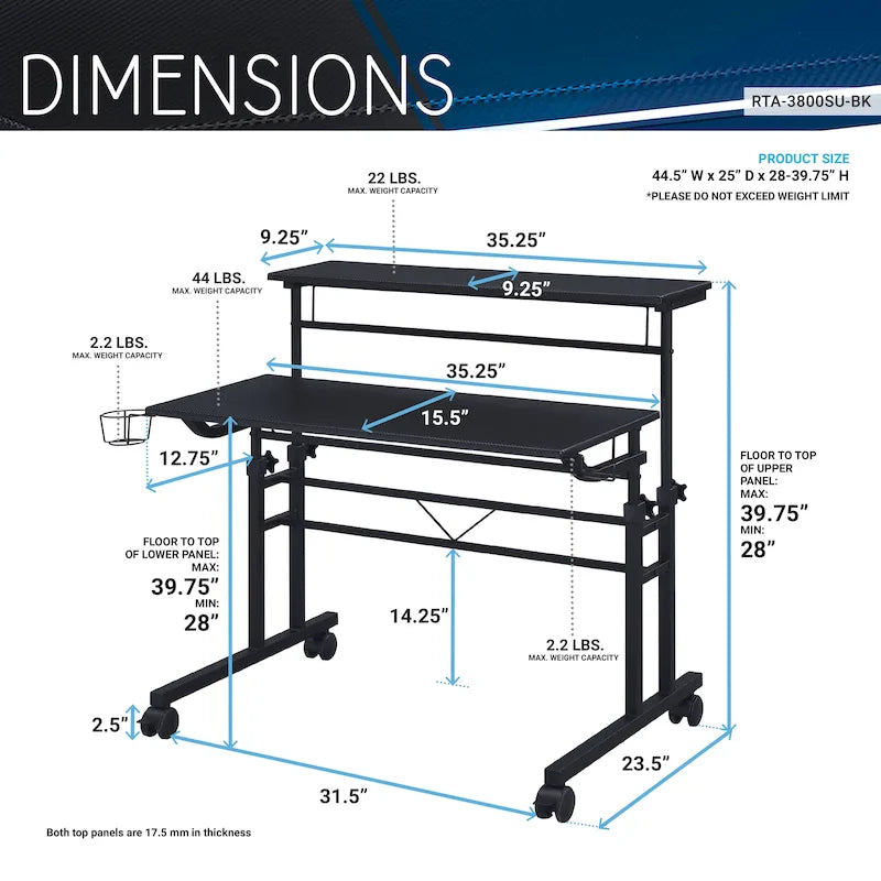 Rolling Writing Desk with Height Adjustable Desktop