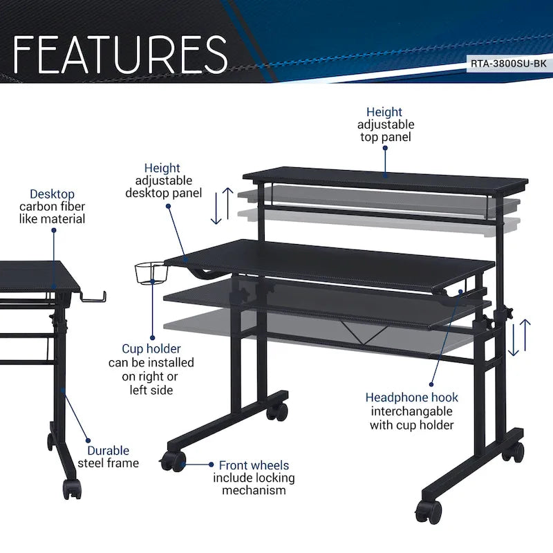 Rolling Writing Desk with Height Adjustable Desktop