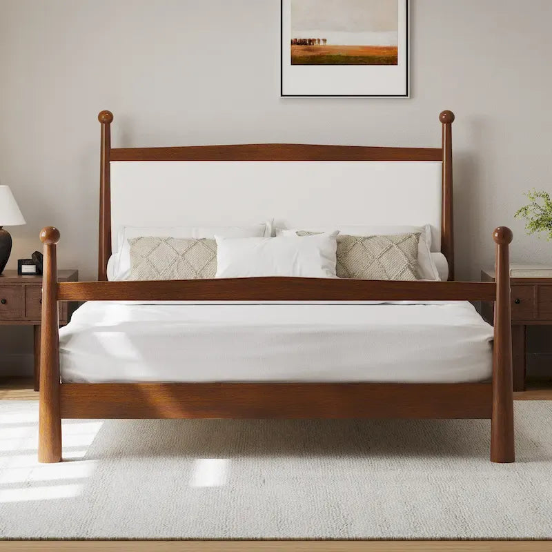 Lit plateforme moderne du milieu du siècle avec tête de lit capitonnée en bouclé – Pin massif, sans sommier tapissier (Queen/King)