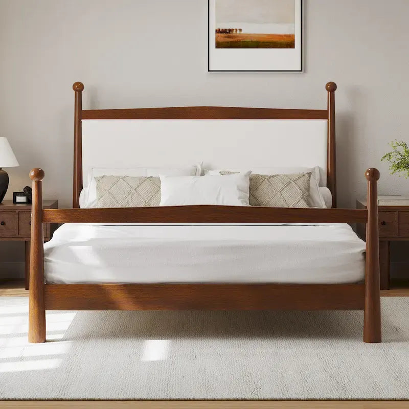 Lit plateforme moderne du milieu du siècle avec tête de lit capitonnée en bouclé – Pin massif, sans sommier tapissier (Queen/King)