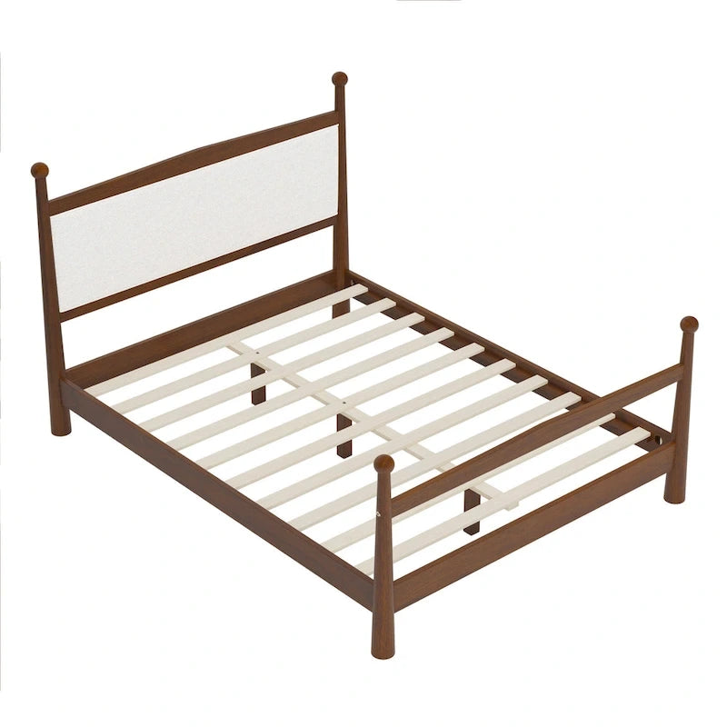 Lit plateforme moderne du milieu du siècle avec tête de lit capitonnée en bouclé – Pin massif, sans sommier tapissier (Queen/King)