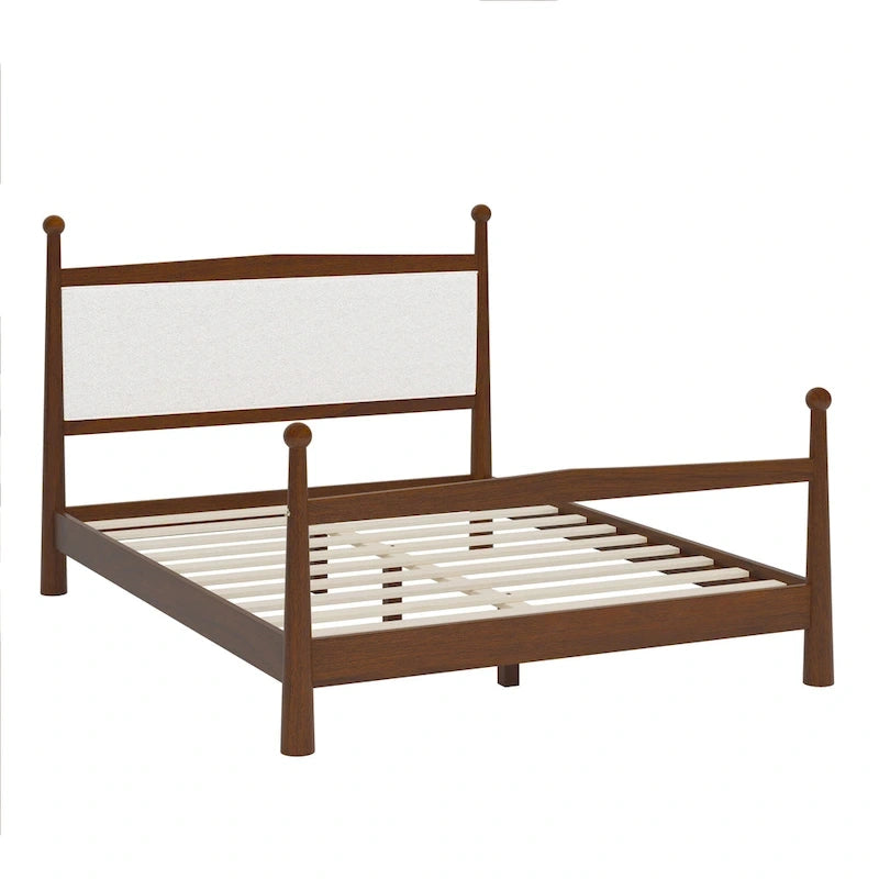 Lit plateforme moderne du milieu du siècle avec tête de lit capitonnée en bouclé – Pin massif, sans sommier tapissier (Queen/King)