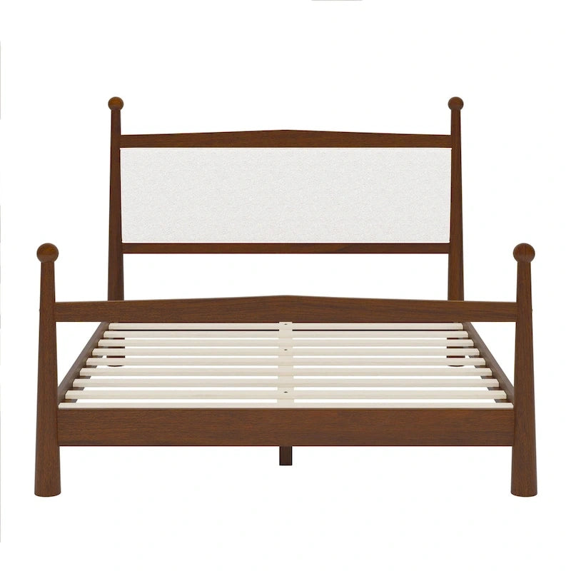 Lit plateforme moderne du milieu du siècle avec tête de lit capitonnée en bouclé – Pin massif, sans sommier tapissier (Queen/King)