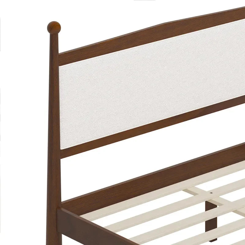 Lit plateforme moderne du milieu du siècle avec tête de lit capitonnée en bouclé – Pin massif, sans sommier tapissier (Queen/King)