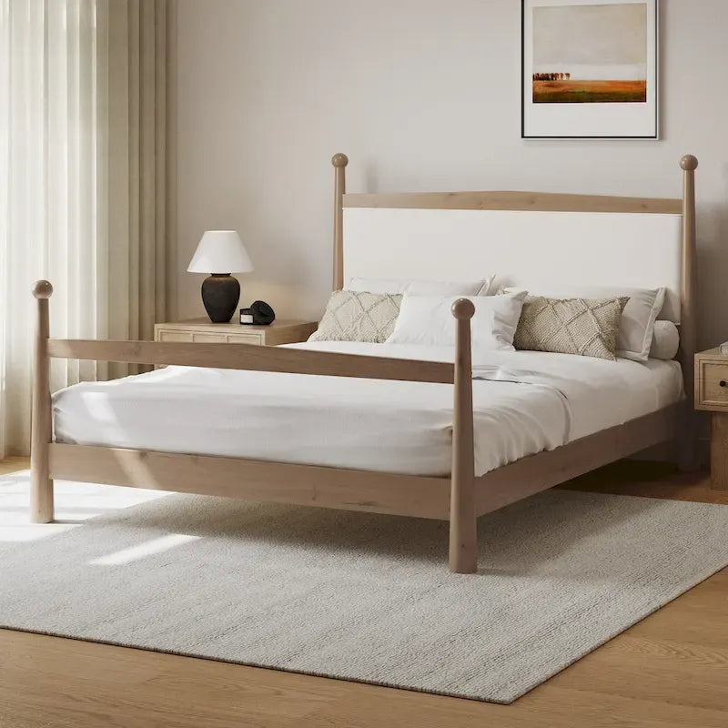 Lit plateforme moderne du milieu du siècle avec tête de lit capitonnée en bouclé – Pin massif, sans sommier tapissier (Queen/King)