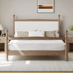 Lit plateforme moderne du milieu du siècle avec tête de lit capitonnée en bouclé – Pin massif, sans sommier tapissier (Queen/King)