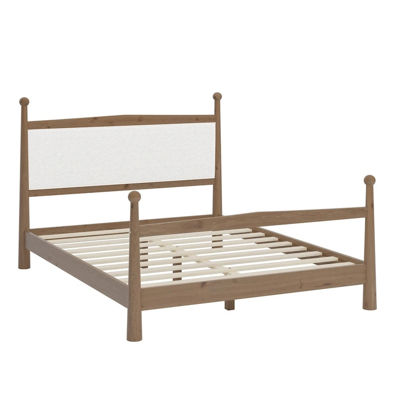 Lit plateforme moderne du milieu du siècle avec tête de lit capitonnée en bouclé – Pin massif, sans sommier tapissier (Queen/King)